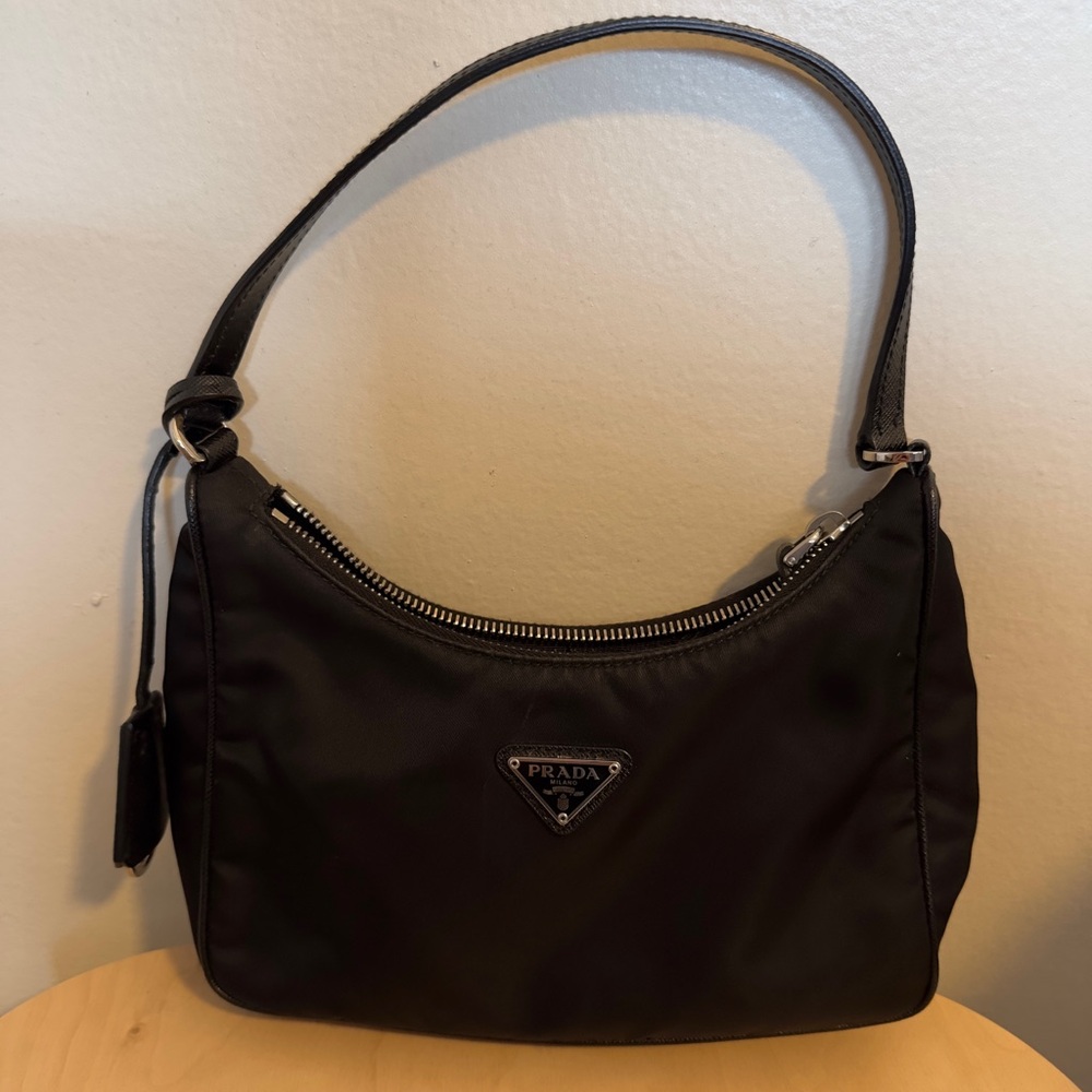 Prada Black Nylon Shoulder Bag with Leather Trim
